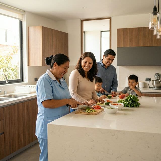 Trabajadora y familia colaborando