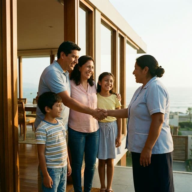 Familia peruana dando la bienvenida a trabajadora del hogar